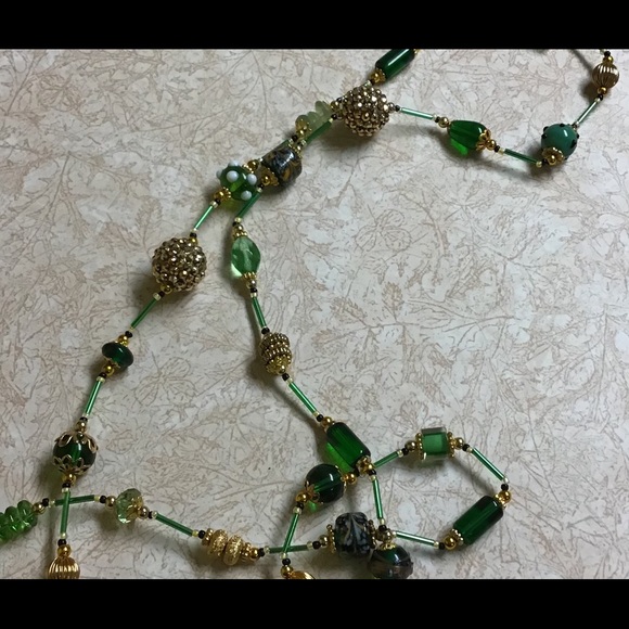 HandCrafted Green & Gold long Necklace about 38" OOAK, new, never worn,  #26 - Picture 4 of 8